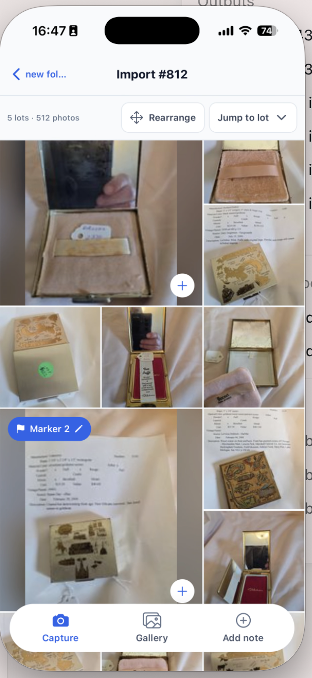 aListEngine mobile bulk import showing five lots and 512 photos