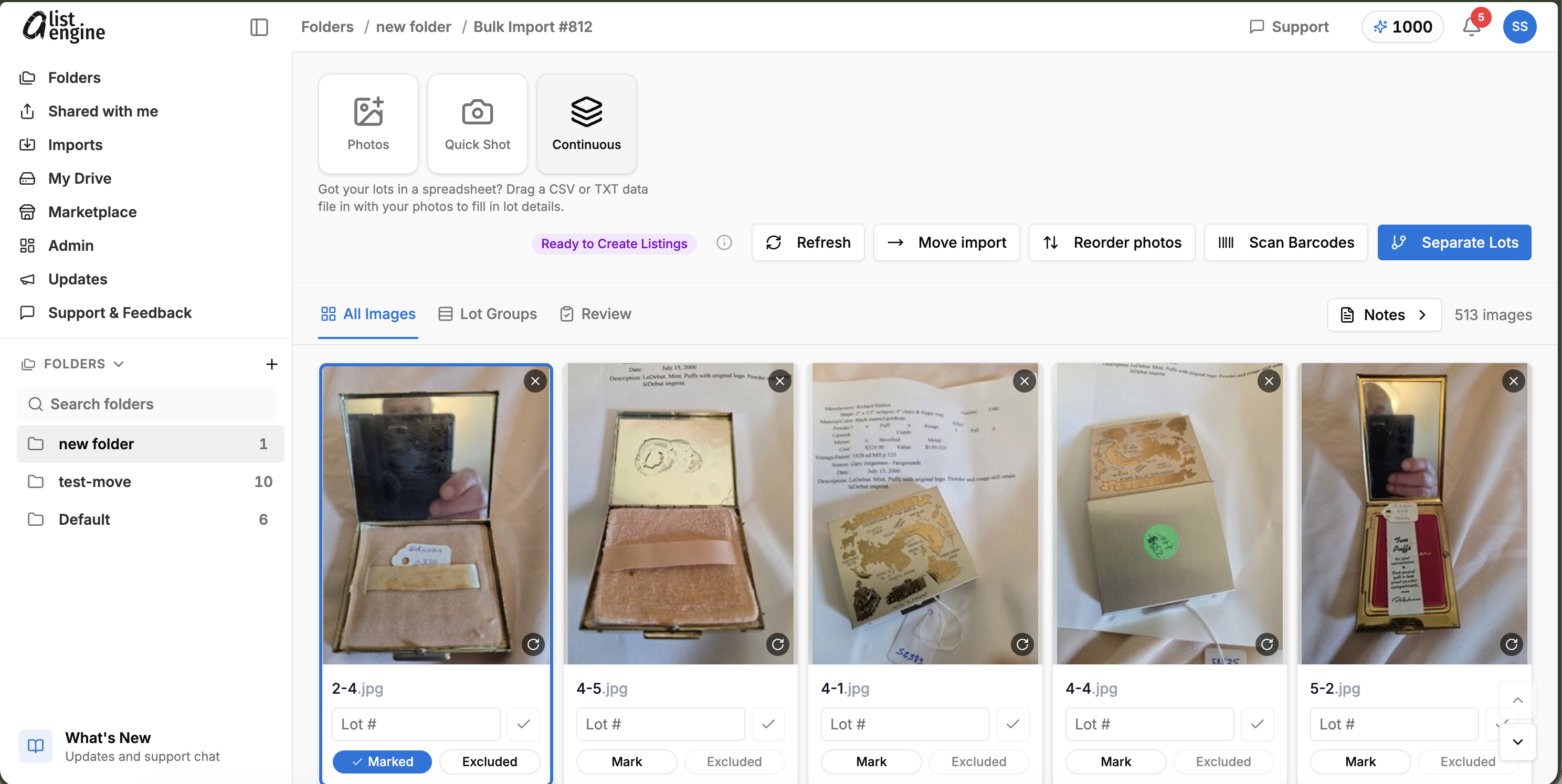 aListEngine web bulk-import review showing image cards and lot-separation controls