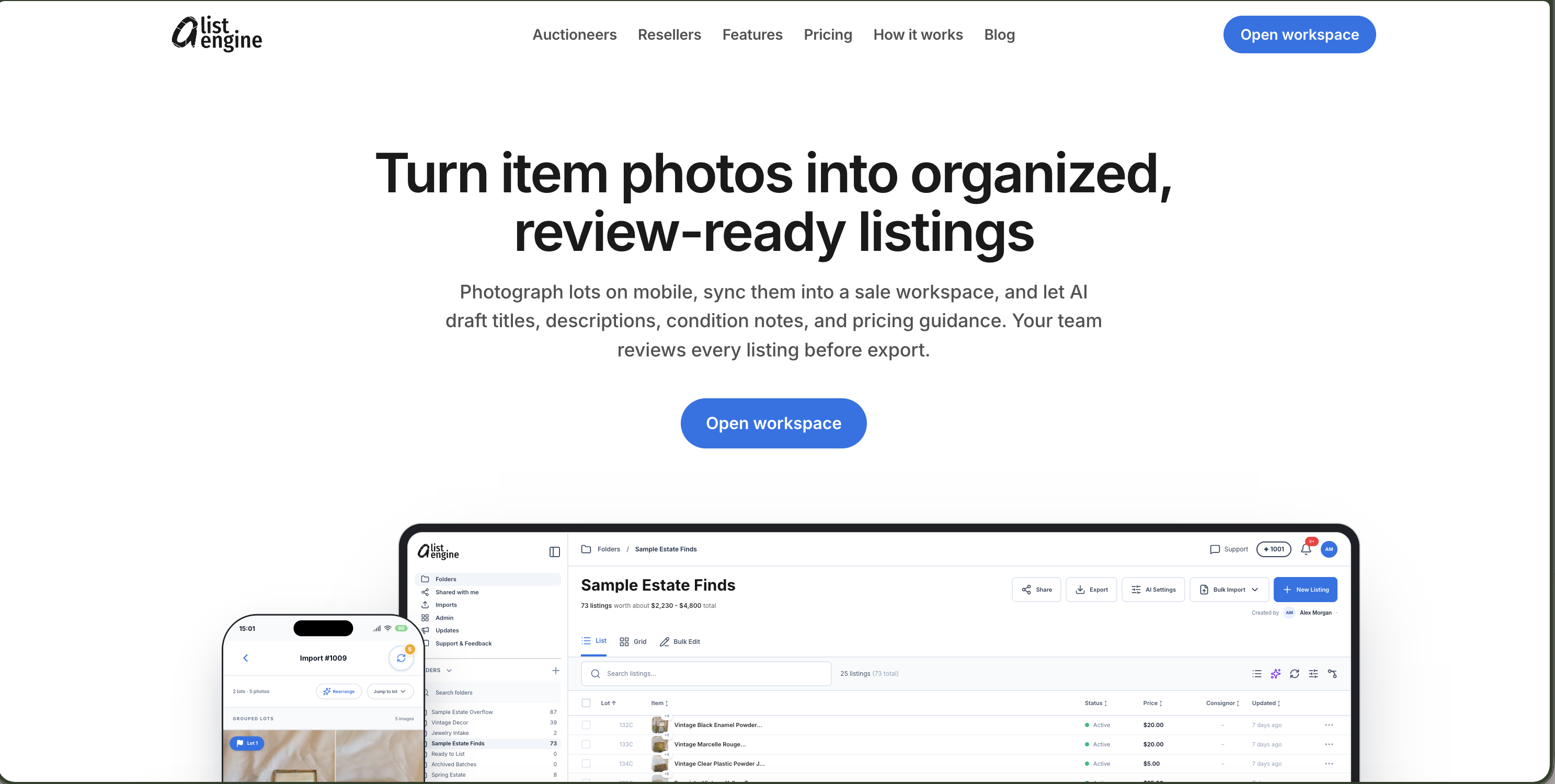aListEngine marketing view showing a mobile capture workflow flowing into the web listing workspace